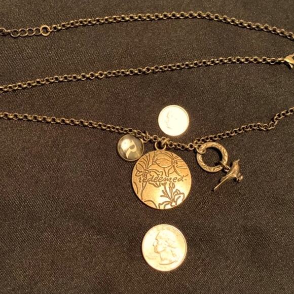 PENDANT NECKLACE “Redeemed” Floral Medallion, 3D Bird, R Charm Bronze Religious - Picture 2 of 12